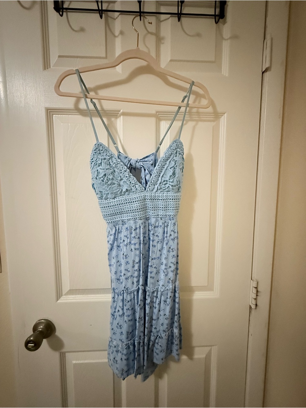 Light Blue Floral Backless Lace Sundress - Women